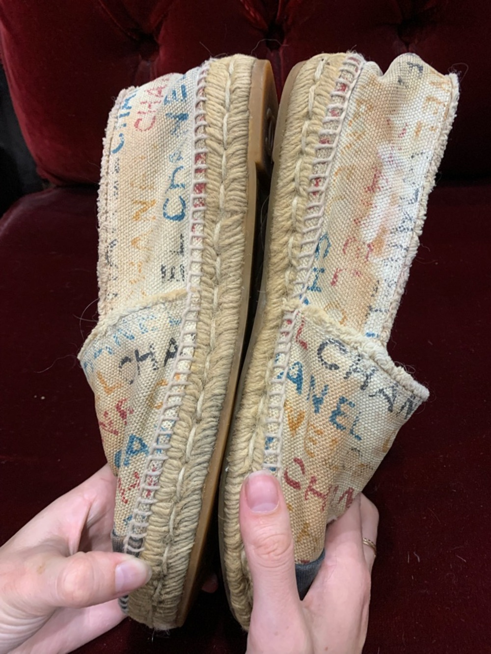 CHANEL Multicolor Logo Canvas Espadrilles with Black Toe Caps - Picture 10 of 11